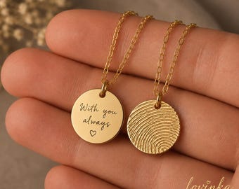 14K Gold Personalized Fingerprint Necklace,Custom Fingerprint Pendant, Sympathy Gift, Memorial Gifts for Mom,Engraved Jewelry