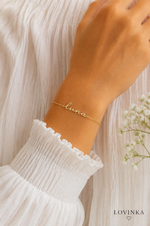 14K Solid Gold Name Bracelet,Real Gold Personalized Bracelet, Custom Name Bracelet, Dainty Layering Bracelet, Handmade Jewelry,Gift for Mom