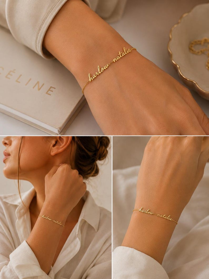 K&ouml;nnte beinhalten: Ein goldfarbenes Kettenarmband mit dem individuellen Schriftzug "harlow natalie", der in die Mitte der feinen Gliederkette eingearbeitet ist. Das Armband wird am Handgelenk getragen und zeigt die kursive Schrift in einem polierten Metall-Finish.