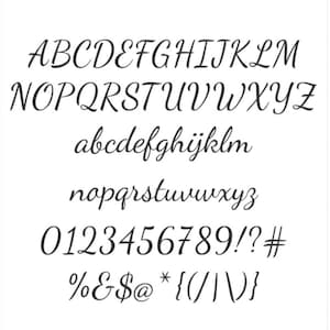 May include: A complete alphabet and number set in a cursive font, displayed in black against a white background. The image includes uppercase and lowercase letters, numbers, and symbols, ideal for design projects.