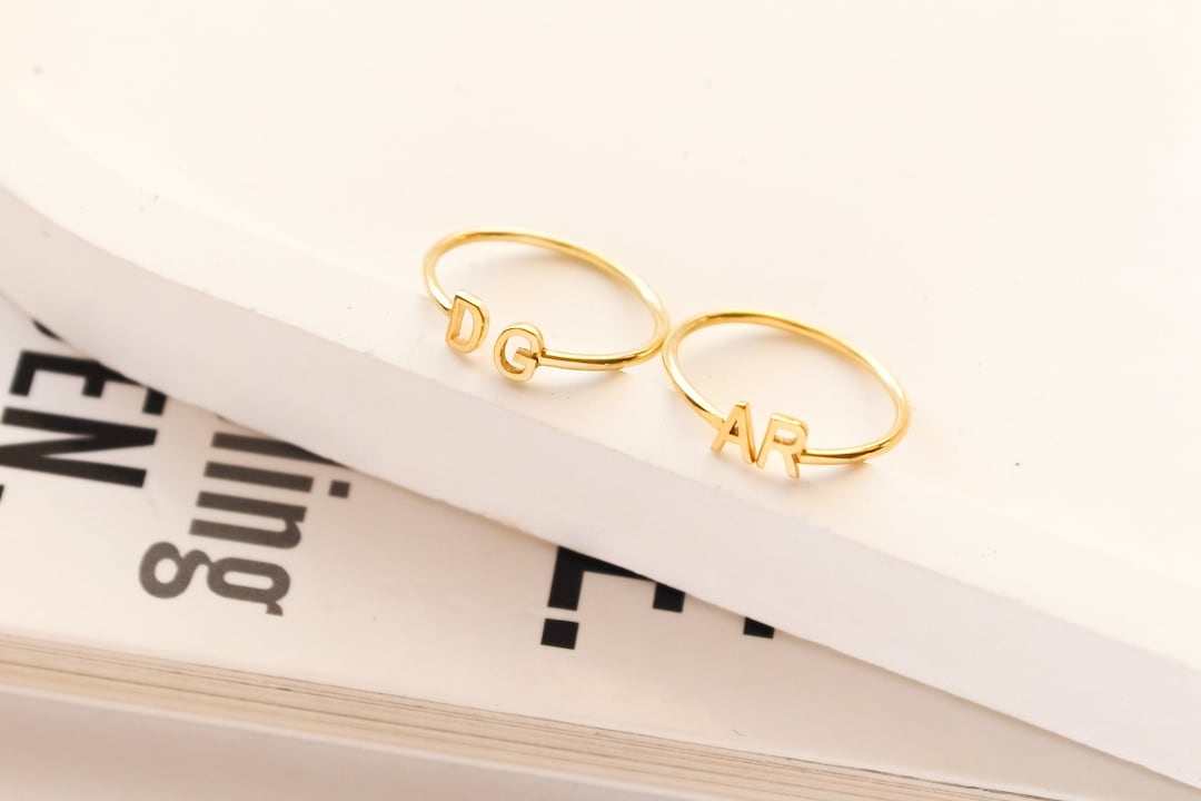 14K Solid Gold Duo Initial Ring, Custom Letter Ring ,personalized ...