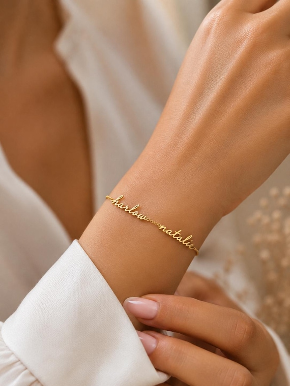 14K Gold Name Bracelet- Personalized Multiple Name Jewelry, Custom Name Bracelet for Mom, Dainty Gift for Women