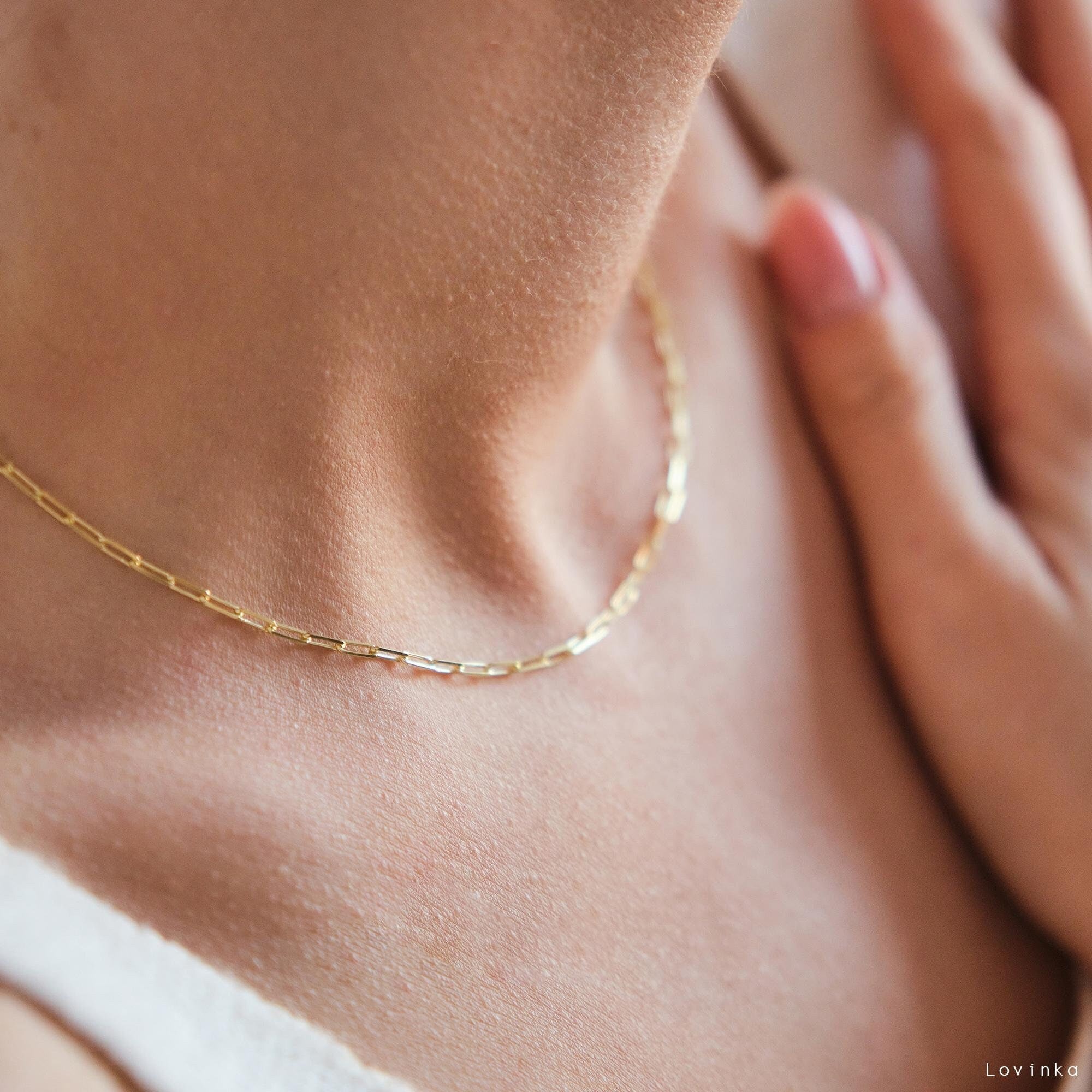 14K Gold Dainty Paperclip Chain Necklace,Link Chain Necklace,Minimalist Layering Necklace,Chain Choker Necklace,Best Friend Gift,LVK58