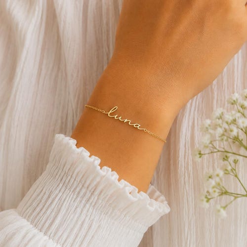 14K Solid Gold Name Bracelet,Real Gold Personalized Bracelet, Custom Name Bracelet, Dainty Layering Bracelet, Handmade Jewelry,Gift for Mom