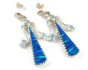 Vintage Sterling Silver Blue Topaz and Blue Opal Angel Earrings - 2 1/4" Angel Dangle Earrings - Multi Gemstone Earrings