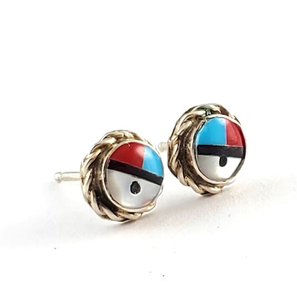 Vintage Sterling Silver Native American Inlaid Stud Earrings - Zuni Inlay Turquoise Spiny Oyster and Mother of Pearl