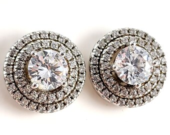 Vintage Sterling Silver Cubic Zirconia Double Halo Stud Earrings