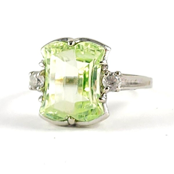 White Gold Diamond Ring - 10k Solid White Gold Green Topaz Ring - Size 7.25