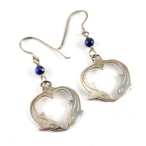 Vintage Artisan SS Sterling Silver Dolphin Heart Dangle Earrings