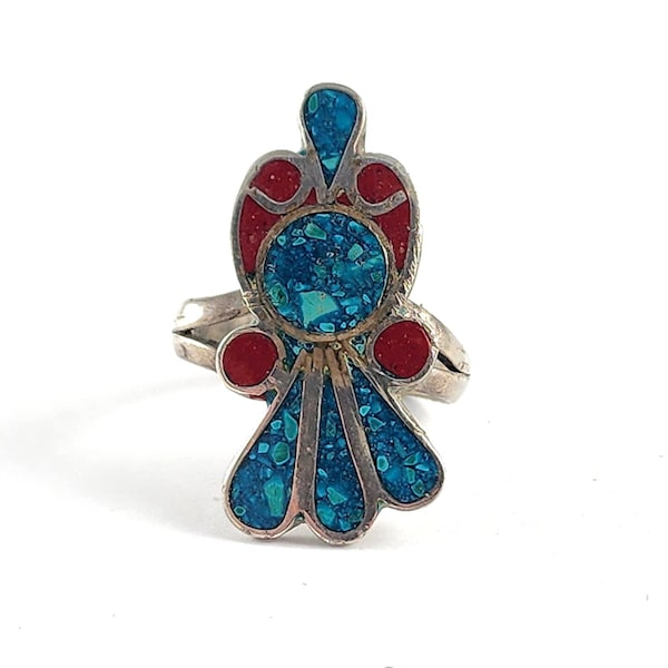 Vintage Sterling Silver Turquoise and Coral Chip Inlay Peyote Bird Ring - Size 5.75