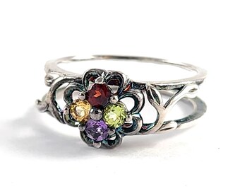 Vintage Sterling Silver Double Band Multi Gemstone Ring - Size 9