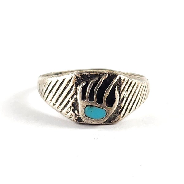Vintage Artisan Silver Bear Claw Turquoise Ring - Size 10