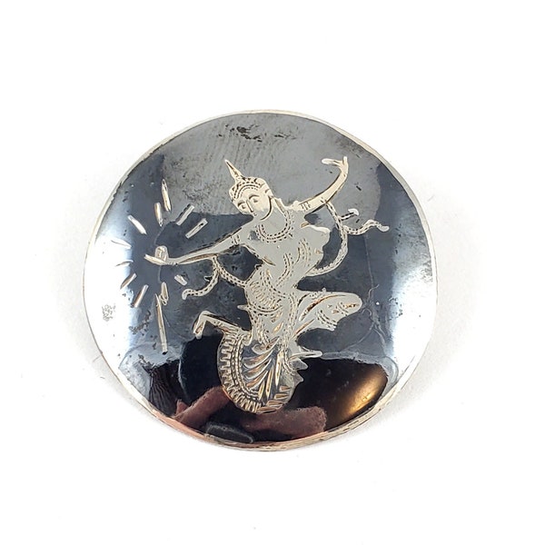 Vintage Sterling Silver Siam Niello Brooch - Sterling Nielloware Brooch  - Siam Dancing Lady - Goddess