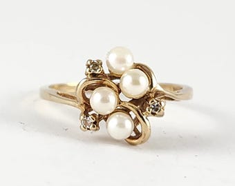 Vintage Samuel Aaron 10K Yellow Gold Pearl and Diamond Accents Ring - Size 6