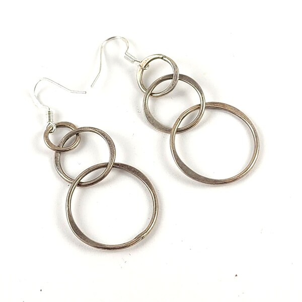 Vintage Artisan Sterling Silver 3 Tiered Hoop Dangle Earrings - Estate Jewelry