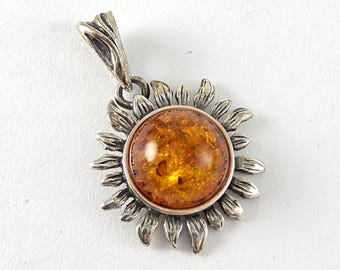 Vintage Sterling Silver Sunflower Sun Face Amber Pendant Necklace