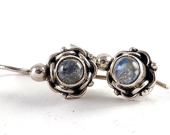 Vintage Sterling Silver Moonstone Flower Dangle Earrings