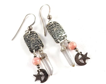 Vintage Sterling Silver Warrior Face, Crystal and Star & Crescent Moon Earrings