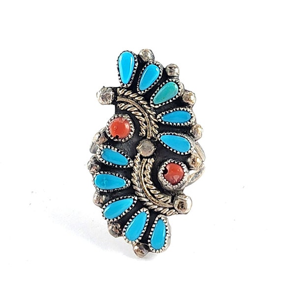 Vintage Sterling Silver Petit Point Turquoise & Red Coral Ring Native American Style Ring Size 7