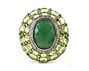 Vintage Jade and Green Citrine Cocktail Ring - Big Oval Shaped Cut Gemstone - Size 9.25