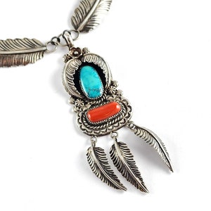 Vintage Navajo Albert Yazzie Sterling Silver Leaf Coral and Turquoise Necklace - Navajo Necklace