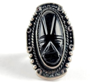 Vintage Sterling Silver Carved Black Onyx Aztec Warrior Mask Ring - Vintage Southwest Artisan Ring - Mexican Silver Ring Size 6.75
