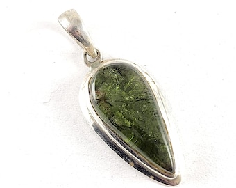 Vintage Sterling Silver Polished Moldavite Gemstone Necklace Pendant