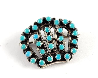 Vintage Zuni Style Sterling Silver and Turquoise Snake Eye Crown Brooch