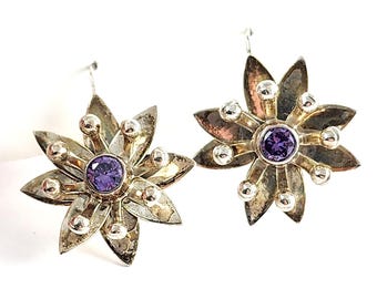 Vintage Sterling Silver Amethyst Flower Dangle Earrings