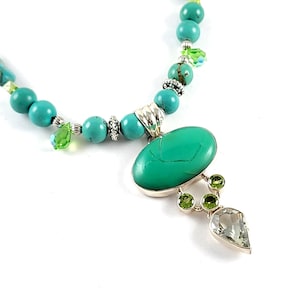 Vintage Artisan Sterling Silver Turquoise and Howlite Statement Necklace - Oval Pendant