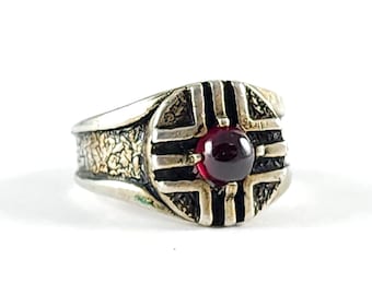 Vintage Sterling Silver Modernist Garnet Statement Ring - Brutalist Mid Century Ring - Size 6.75
