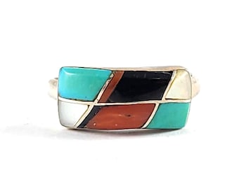 Vintage Native American Sterling Silver Multi Stone Inlay Ring - Size 8.75