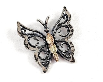 Vintage Coleman Sterling Silver 12K Black Hills Gold Butterfly Pendant - Yellow & Rose Gold