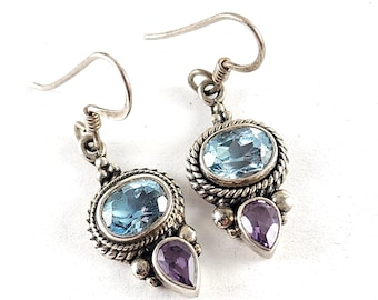 Vintage Sterling Silver Blue Topaz and Amethyst Wire Dangle Earrings - Estate Jewelry