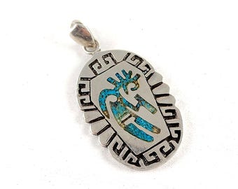 Vintage Sterling Silver Turquoise Inlay Kokopelli Dancer Necklace Pendant