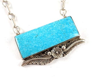 Vintage Navajo Running Bear Trading Sterling Silver Turquoise Necklace - 17.25"