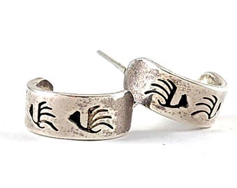Vintage Navajo Rhoda Jack Sterling Silver Half Hoop Stud Earrings - Artist Signed - Bear Paw