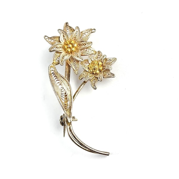 Vintage 900 Silver and Gold Vermeil Filigree Lily Flower Brooch Pin