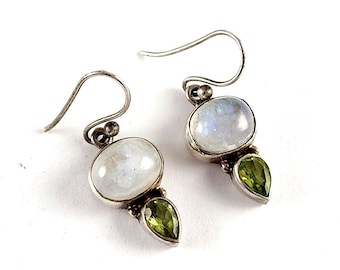 Vintage Sterling Silver Moonstone & Peridot Wire Dangle Earrings - Estate Jewelry