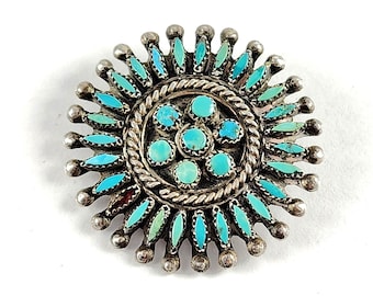 Vintage Zuni Sterling Silver and Turquoise Snake Eye Round Brooch - Native Jewelry
