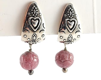 Vintage Sterling Silver Carolyn Pollack Relios Hearts & Rhodonite Beads Dangle Earrings