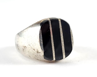 Taxco Mexico Sterling Silver Modernist Onyx Statement Ring - Size 10.75