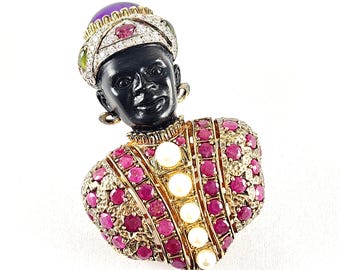 Vintage Rare Jarin Gold Sterling Silver and Semi Precious Gemstones Venetian Blackamoor Brooch