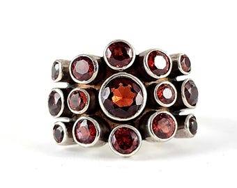 Vintage Sterling Silver Multi Garnet Cluster Gemstones Ring  - Size 6.75