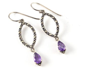 Vintage Sterling Silver Marcasite and Amethst Gemstone Dangle Earrings