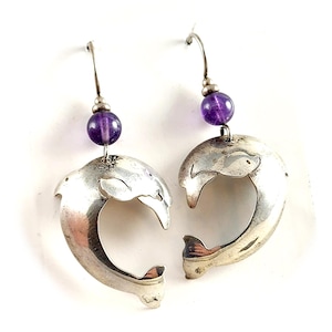 Vintage Sterling Silver Dolphin Dangle Earrings -Amethyst Accent Beads