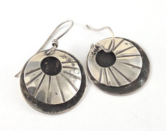 Vintage Designer Ross LewAllen Sterling Silver Sunray Double Disc Dangle Earrings - Southwestern