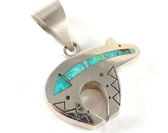 Vintage Ray Tracey Knifewing Segura Sterling Silver Turquoise Inlay Fetish Bear Necklace Pendant