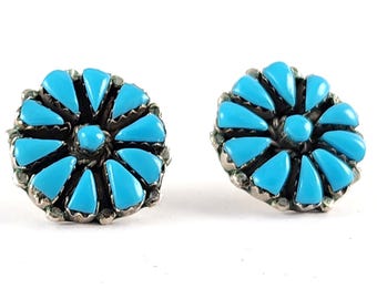 Vintage Sterling Silver Zuni Style Cluster Point Turquoise Stud Earrings