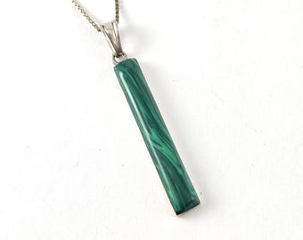 Vintage Sterling Silver Bar Cut Malachite Pendant Necklace - 22" Sterling Chain